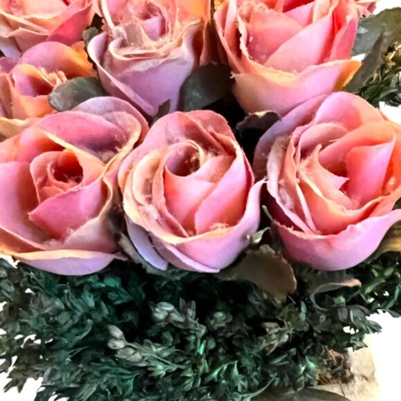 Silk Pink Tea Rose Plant Resin Planter Gold Wire Ribbon 7" Tall x 5.5" Square - Picture 10 of 13